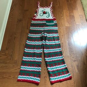 Festive Joy Sweater Overalls - Red, Green, White